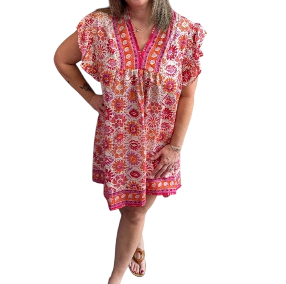 Umgee Floral Sunny Days Babydoll Mini Dress Pink Mix Flutter Sleeve Boho - Picture 3 of 11